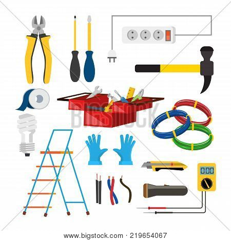 Electrician Icons Set Vector. Electrician Accessories. Stepladder, Gloves, Light Bulb, Wire, Screwdriver Lantern Knife Voltmeter Wire Isolated Illustration
