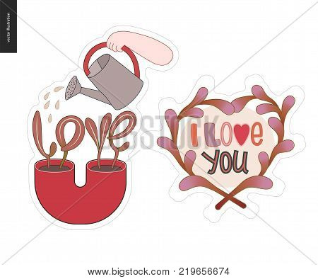 Set of contemporary girlie Love letter logo. Flowerpot with a plant in shape of Love word and watering can. Composition of leaves with Text Ilove You inside. Vector stickers kit.