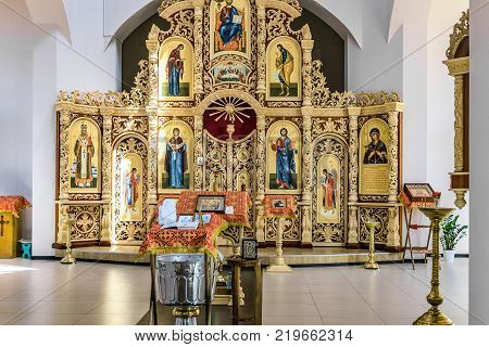 Belgorod Russia - May 20 2017: Font with a pulpit an iconostasis and altar of the Russian Orthodox cathedral's hall in honor of the icon of the Mother of God 