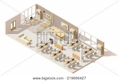 Vector isometric low poly office. Includes boss room, tables, computers, office chairs and other furniture