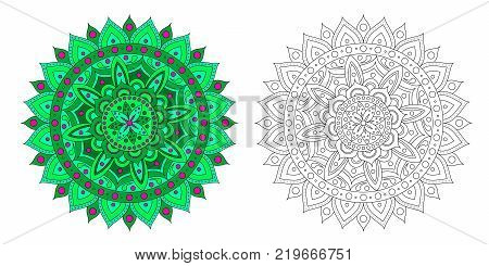 Green and pink mandala pattern Contour mandala Coloring antistress Indian pattern. The flower of the mandala. Set from the Indian mandala Vector eps 10