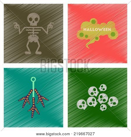 assembly flat shading style icons of halloween skeleton sign chicken feet skulls