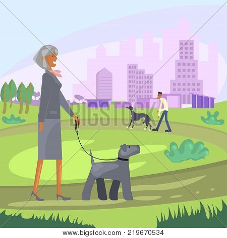 Dog and owner look alike. People with pets walking in City Park in Background. Vector illustration eps 10