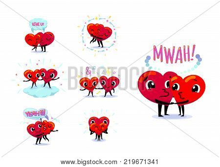 Love couple set. Scenes with two funny cute flat cartoon hearts holding hands, kissing, hugging, dancing, smiling. Wedding, happiness concept. Vector illustration