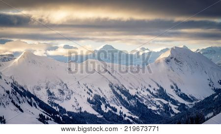 Early Morning At The Chlushuette In The Swiss Alps. Sunrise Over The Eiger, Jungfrau And Mönch Mount