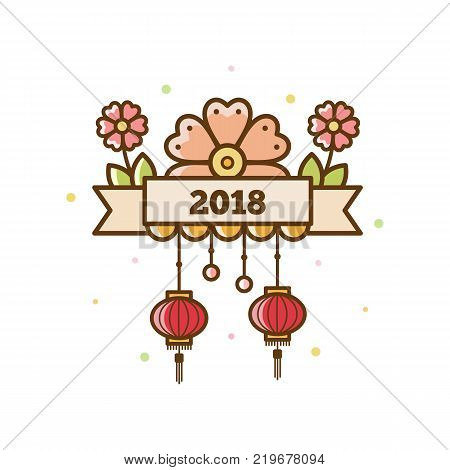 Chinese new year card 2018. Vector illustration of flowers and lanterns.