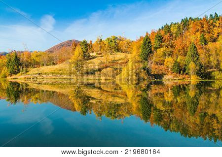 Mrzla vodica lake and Risnjak mountain, autumn landscape, Gorski kotar, Croatia