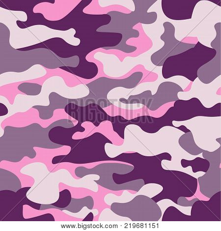 Military camouflage seamless pattern, purple monochrome. Classic clothing style masking camo repeat print. ruby colors texture. Design element. Vector illustration