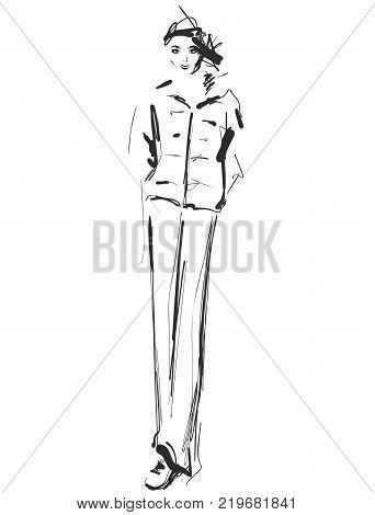 Hand drawn cute winter, fashion sketch, cartoon girl. Vector illustration.