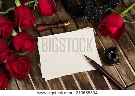 Valentines Day date invitation, copy space on empty vintage card
