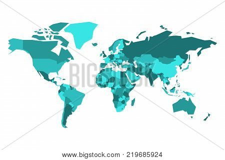 Political map of World. Simplified vector map in four shades of tuquoise blue.