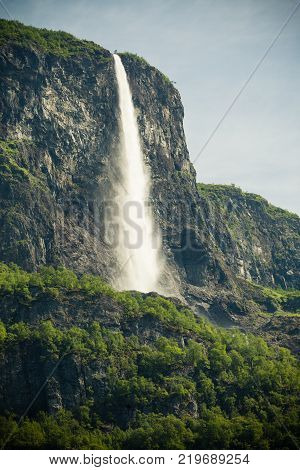 Summer mountain beautiful waterfall in Norway fjords Europe