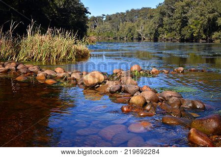 A rock formation in a river bank