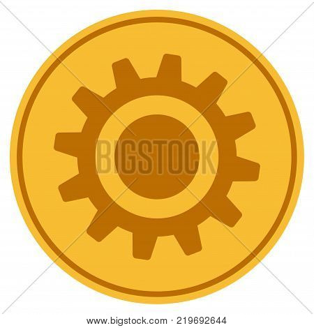 Cog golden coin icon. Vector style is a gold yellow flat coin symbol.