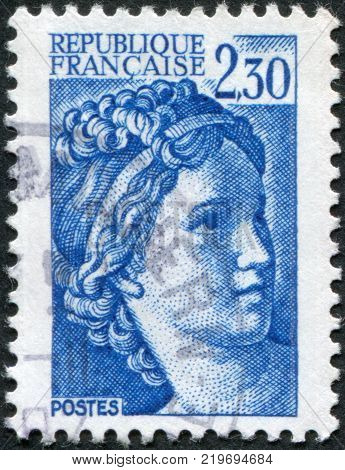 FRANCE - CIRCA 1981: A stamp printed in France depicts Sabine fragment by Jacques-Louis David circa 1981