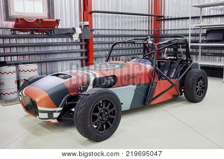 MOSCOW, RUSSIA - OCT 27, 2017: (PR) Racing car ShortCut  based on the legendary Lotus Seven in garage of DB 527 company.