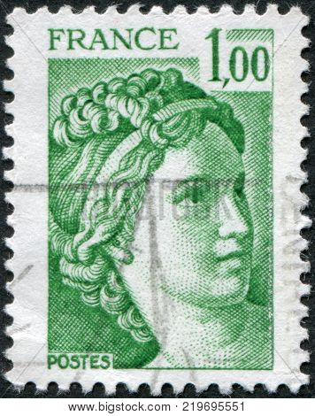 FRANCE - CIRCA 1977: A stamp printed in France depicts Sabine fragment by Jacques-Louis David circa 1977