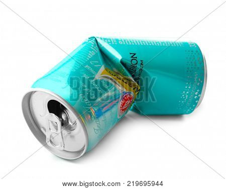 KYIV, UKRAINE - SEPTEMBER 18, 2017: Used can of Schweppes on white background