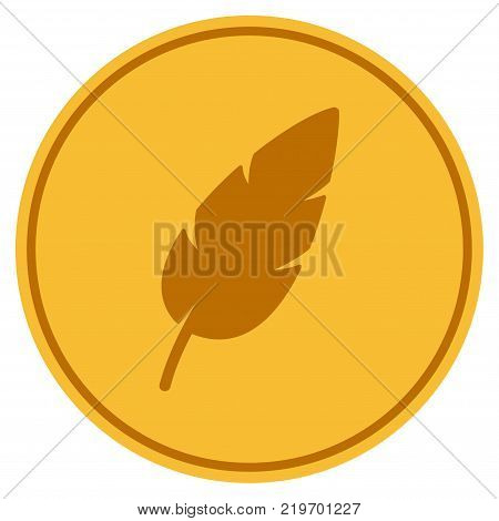 Feather golden coin icon. Vector style is a gold yellow flat coin symbol.
