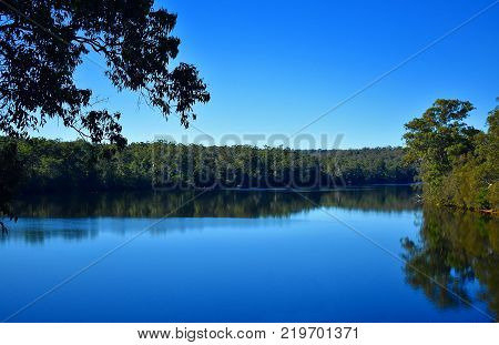 A large Australian lake surrounded by trees