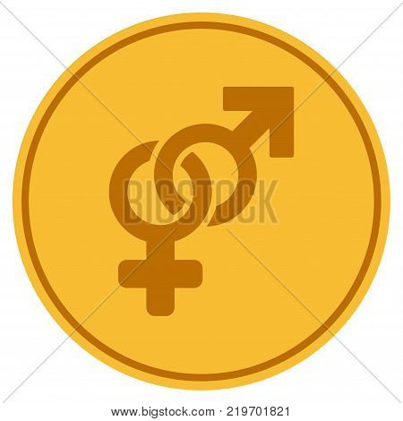Heterosexual Symbol golden coin icon. Vector style is a gold yellow flat coin symbol.