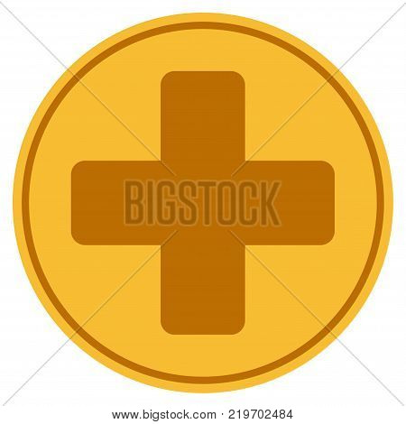 Medical Cross golden coin icon. Vector style is a gold yellow flat coin symbol.
