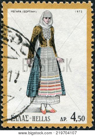 GREECE - CIRCA 1972: A stamp printed in Greece depicts a traditional woman's dress Megara circa 1972