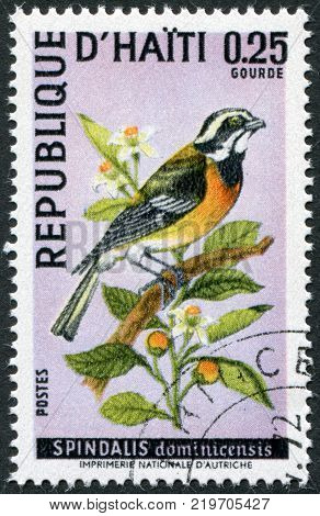 HAITI - CIRCA 1969: A stamp printed in Haiti depicts a bird Spindalis dominicensis circa 1969