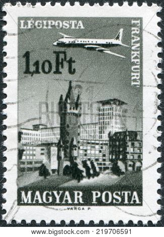 HUNGARY - CIRCA 1966: A stamp printed in Hungary is depicted in Frankfurt am Main aircraft Eschenheimer Turm and Eschenheimer Gate circa 1966