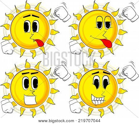 Cartoon sun threatening someone shakes his fist at viewer. Collection with happy faces. Expressions vector set.