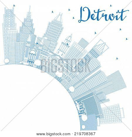 Outline Detroit Michigan USA City Skyline with Blue Buildings and Copy Space. Business Travel and Tourism Concept with Modern Architecture. Detroit Cityscape with Landmarks.