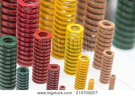 The various size industrial coil spring on the floor .The coil spring for industrial purpose