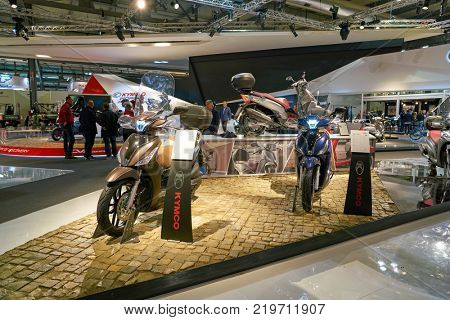 MILAN, ITALY - NOVEMBER 11, 2017: scooters on display at EICMA 2017 - 75th International Motorcycle Exhibition.