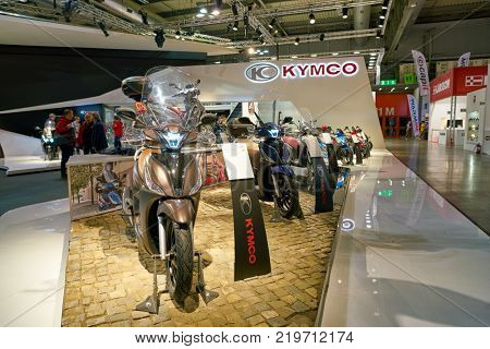 MILAN, ITALY - NOVEMBER 11, 2017: scooters on display at EICMA 2017 - 75th International Motorcycle Exhibition.