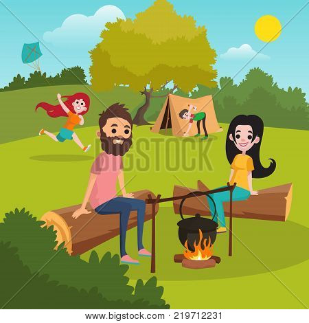 Family with kids camping in park. Girl playing with kite. Boy putting up tent. Parents sitting on log near campfire. Nature landscape. Summer outdoor activities. Colorful flat vector illustration.