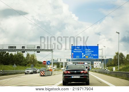 Landscape of highway and traffic jam on the road between Merano go to Stuttgart on September 3 2017 in Tyrol Austria