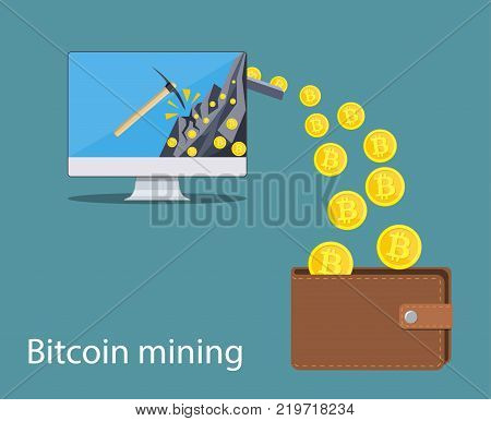 concept of cryptocurrency technology, bitcoin making, bitcoin mining, e-wallet. Computer monitor with bitcoin symbol relocating into wallet. Vector illustration in flat style