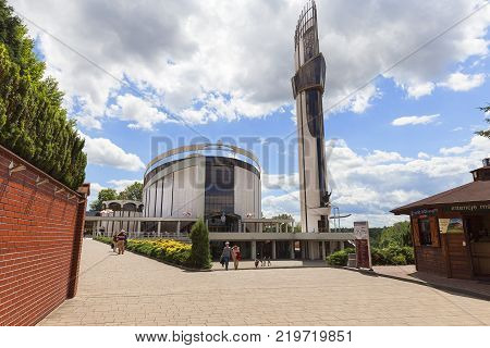 CRACOW POLAND - JUNE 30 2017: Divine Mercy Sanctuary in Lagiewniki. It is a sacral complex associated with the life and activity of Saint Faustyna Kowalska.