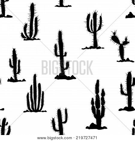 vector seamless pattern with cactuses and stones silhouettes at white background, hand drawn illustration