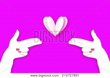 Woman hand making shape of pointed gun. Origami Female holding Two fingers like a revolver. Love Bang. White Heart Shot in paper cut style. 2 hands.Valentine day. Romantic Holidays.14 February. Vector