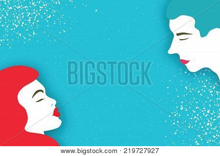 Cute Loving couple. Kissing. People profile. Beautiful Man and redhair woman. Holidays and celebration on blue. Happy Valentine's Day. Love day in paper cut style. 14 february. Vector.