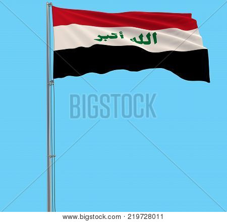 Isolated flag in colors of Iraq on a flagpole fluttering in the wind on a blue background 3d rendering