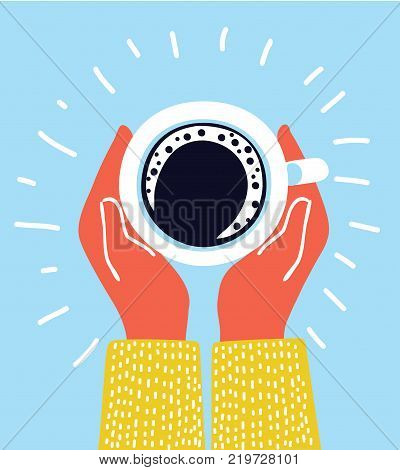 Vector cartoon illustration of hand holding hot coffee cup with , break morning time banner concept with hands top wiev, funny conseptillustration isolated on blue background