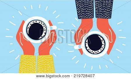 Female hands holding cups of coffee on rustic wooden table background