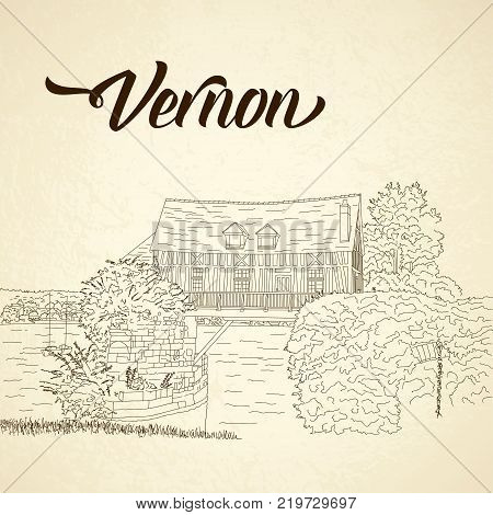City Sketching On Vintage Background. Vernon, France. Template For Business Card, Banner, Poster, No
