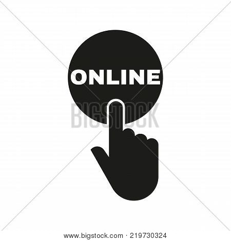 Hand pressing a button with the text ONLINE icon. Communication, internet, webinar symbol. Flat design. Stock - Vector illustration