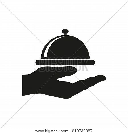 Tray in hand icon. Restaurant, service, banquet, lunch symbol. Flat design. Stock - Vector illustration