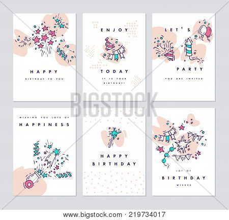 Set of birthday greeting cards and colorful party nvitation. Hand drawing celebrate and party symbol. Vector illustration