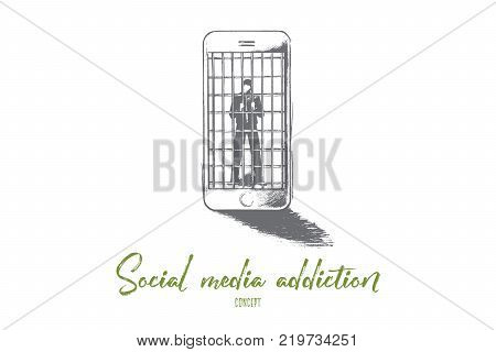 Social media addiction concept. Hand drawn person in jail of internet. Man slave of his smartphone isolated vector illustration.