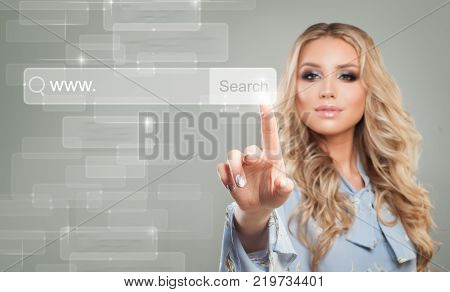 Young Businesswoman Touching Virtual Web Browser Address Bar or Search Bar with Loupe Sign